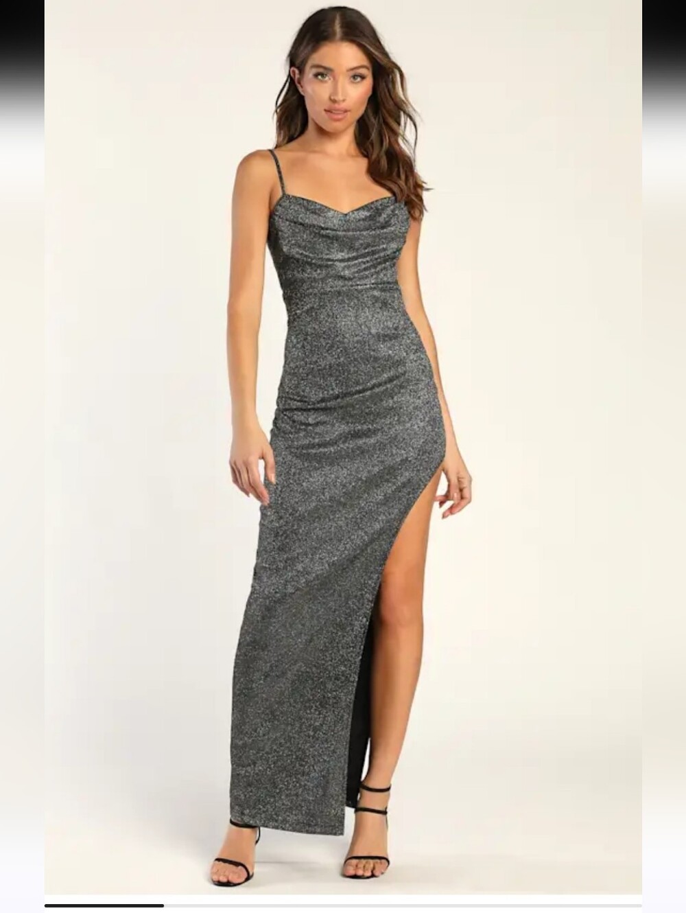 Lulu's | All Night Stunner Metallic Silver Cowl Neck Maxi Dress - Size L - NWT
